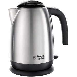 Stainless steel electric kettle with handle.