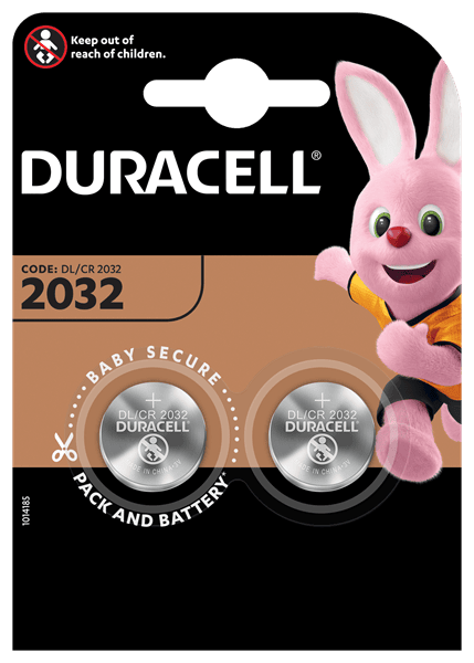 Duracell 2032 batteries, child-safe packaging, pink bunny mascot.