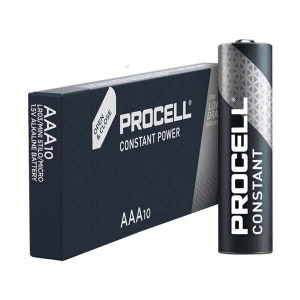 Procell AAA batteries packaging and single battery.