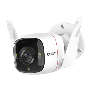 Outdoor security camera with antennas and lens close-up.