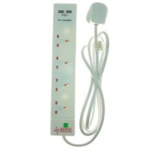 White extension lead with multiple sockets and USB ports.