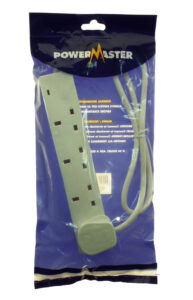 Powermaster extension lead packaged, blue background.