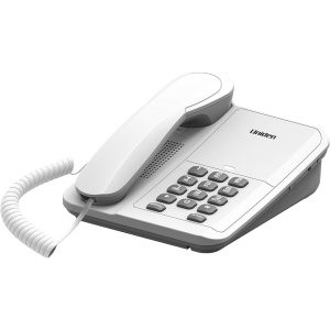 White desk phone with corded handset and buttons.