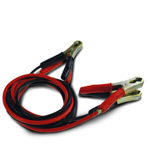 Red and black car jump leads coiled together.