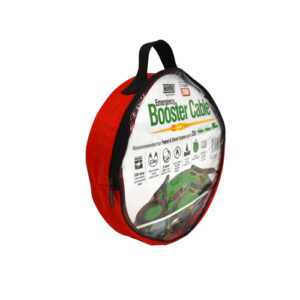 Red emergency booster cable in circular pouch.