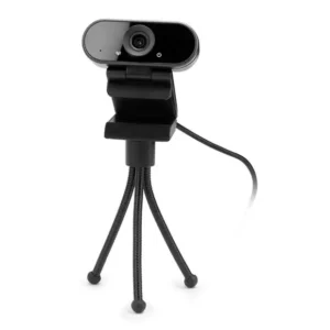 Black webcam on a small tripod stand.