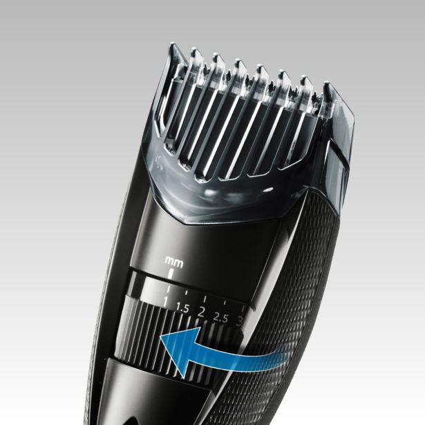 Electric hair trimmer with adjustable length settings.