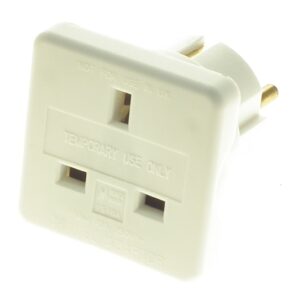 White temporary UK travel adaptor with two pins.