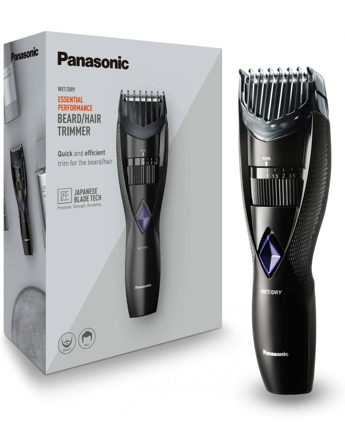 Panasonic wet/dry beard and hair trimmer packaging.
