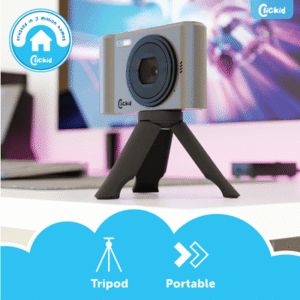Portable camera on tripod in modern room.
