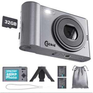 Digital camera kit with 32GB card and accessories.