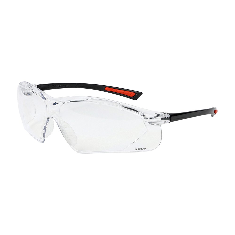 Clear safety glasses with black and red arms.