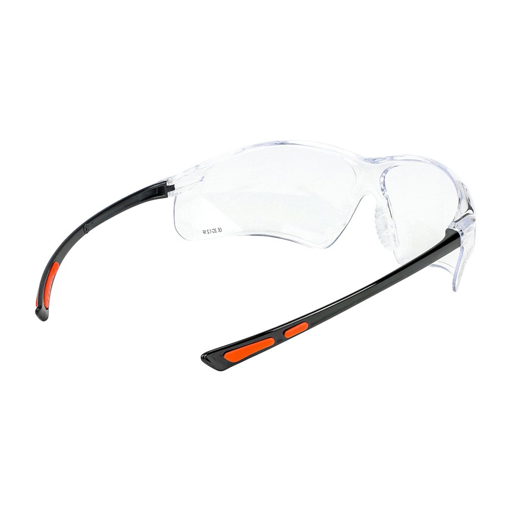 Clear safety glasses with black and orange arms
